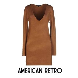 American Retro Stretchy Ribbed Camel V-Neck Sweater Dress